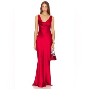 Norma Kamali Deep Drape Neck Gown in Tiger Red